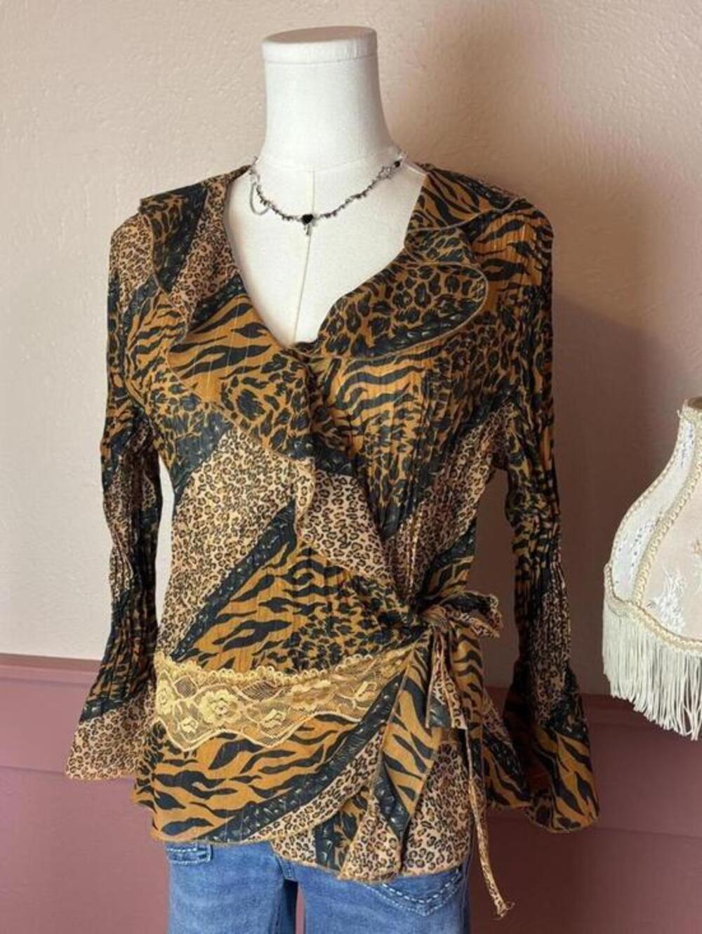 fairy boho patchwork bell sleeve wrap top robert louis brown orange sz large